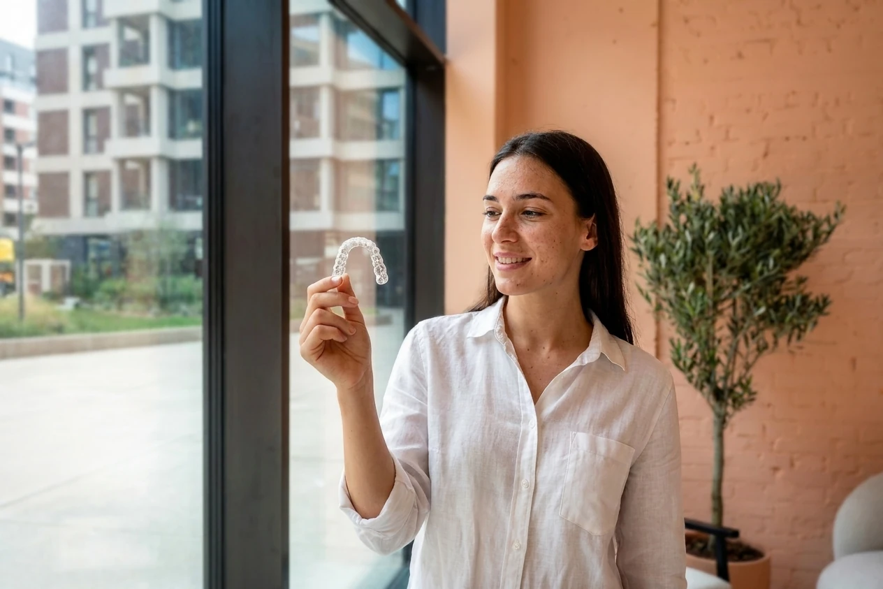 Pacijentkinja u SmileStore Beograd ordinaciji drži providnu foliju za ispravljanje zuba