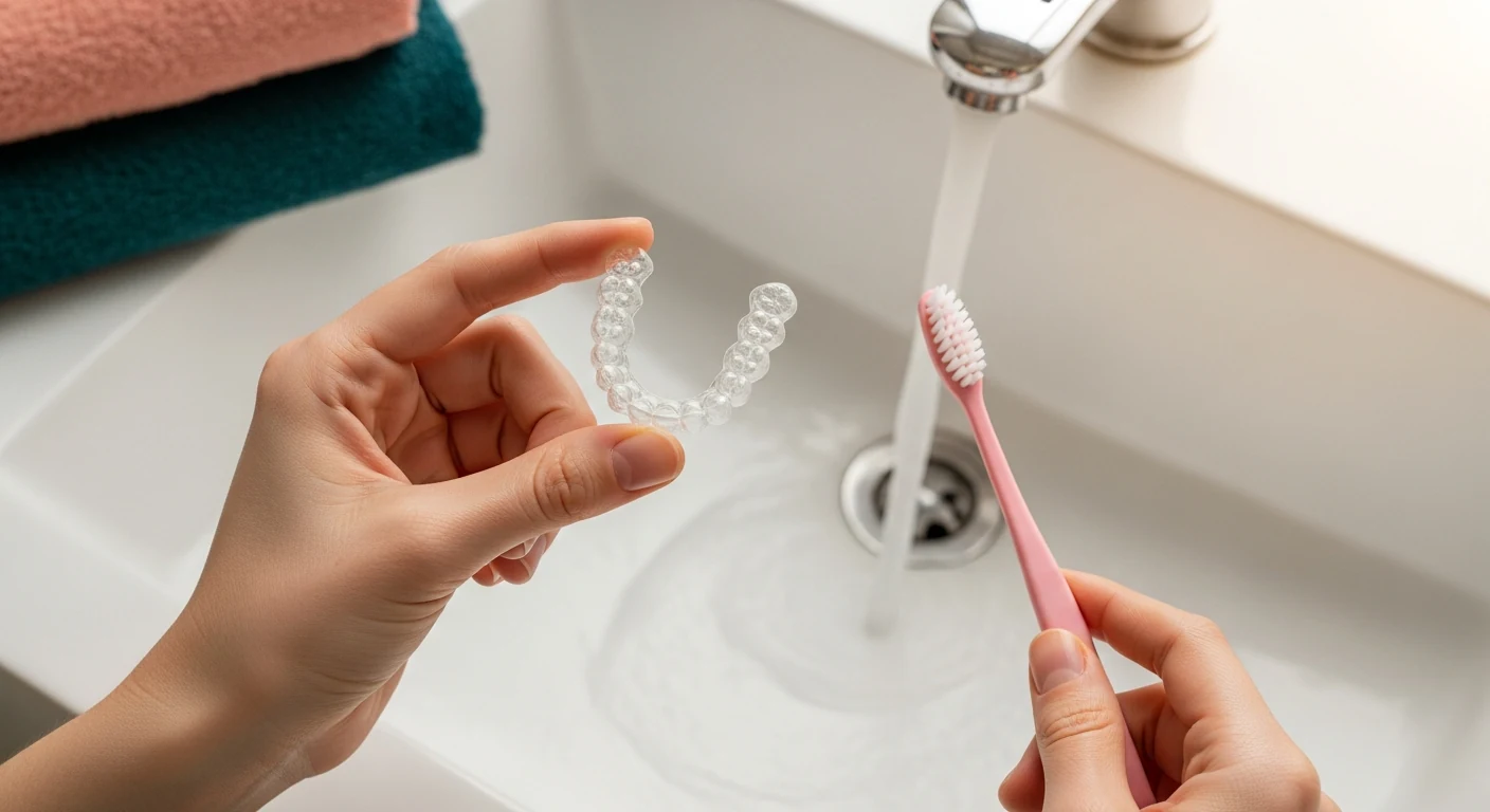 Pacijent drži providnu foliju u jednoj ruci i četkicu za zube u drugoj nad lavaboom — folije se skidaju za vreme pranja zuba