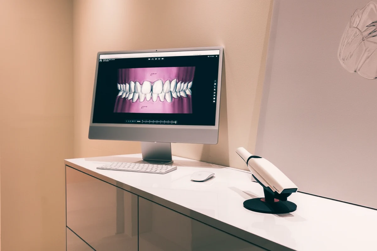 3Shape TRIOS intraoralni skener pored iMac-a sa 3D skenom zuba u SmileStore ordinaciji